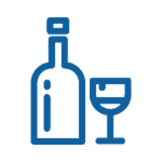 Icon mit einer Flasche und einem Weinglas – Symbol für Alkoholkonsum.