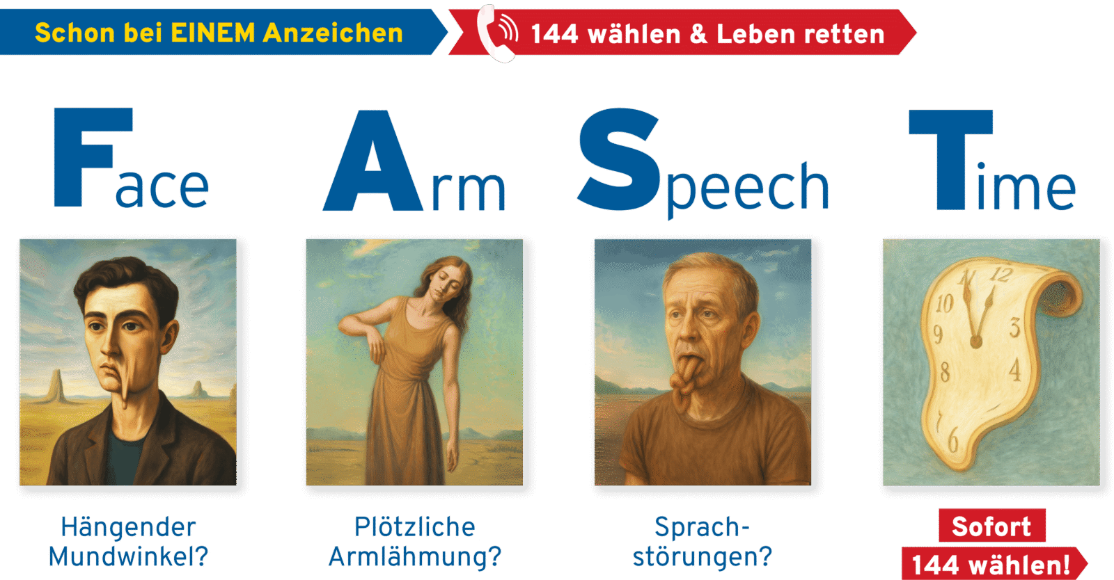 Fast-Test zur Schlaganfallerkennung: Der Fast-Test beschreibt vier schnelle Prüfungen. Erstens: Gesicht. Man schaut, ob eine Gesichtshälfte herabhängt oder ein Lächeln schief wirkt. Zweitens: Arme. Die betroffene Person soll beide Arme heben. Wenn ein Arm absinkt oder nicht gehalten werden kann, ist das auffällig. Drittens: Sprache. Man achtet darauf, ob die Person verwaschen, stockend oder ungewöhnlich spricht. Viertens: Zeit. Wenn eines dieser Anzeichen auftritt, zählt jede Minute, und es sollte sofort der Notruf 144 gewählt werden. Schon bei EINEM Anzeichen.